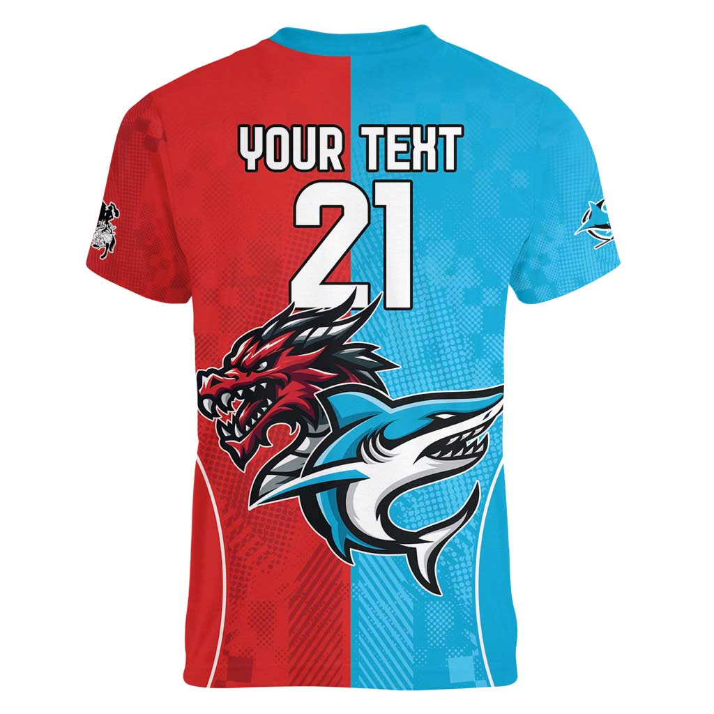 Custom Sharks-Dragons Rugby Women V-Neck T-Shirt With Sporty Style