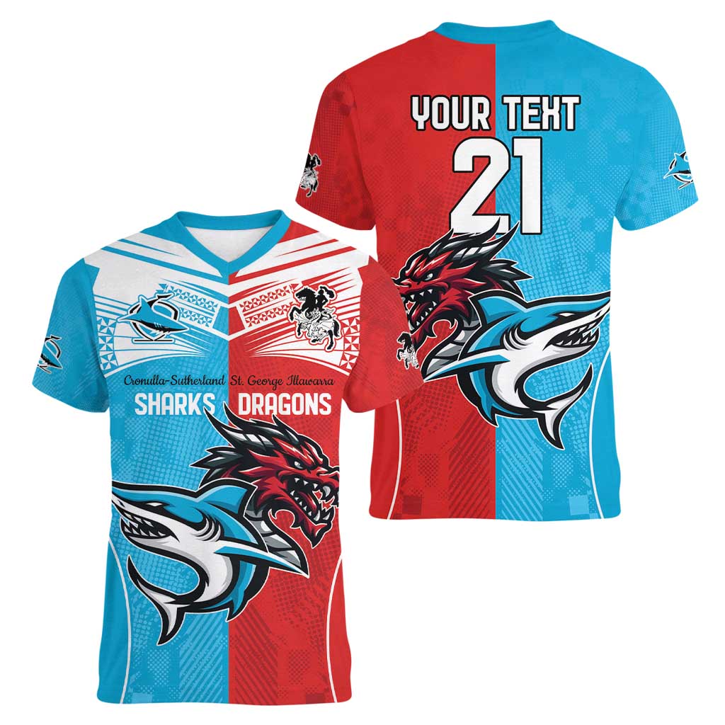 Custom Sharks-Dragons Rugby Women V-Neck T-Shirt With Sporty Style
