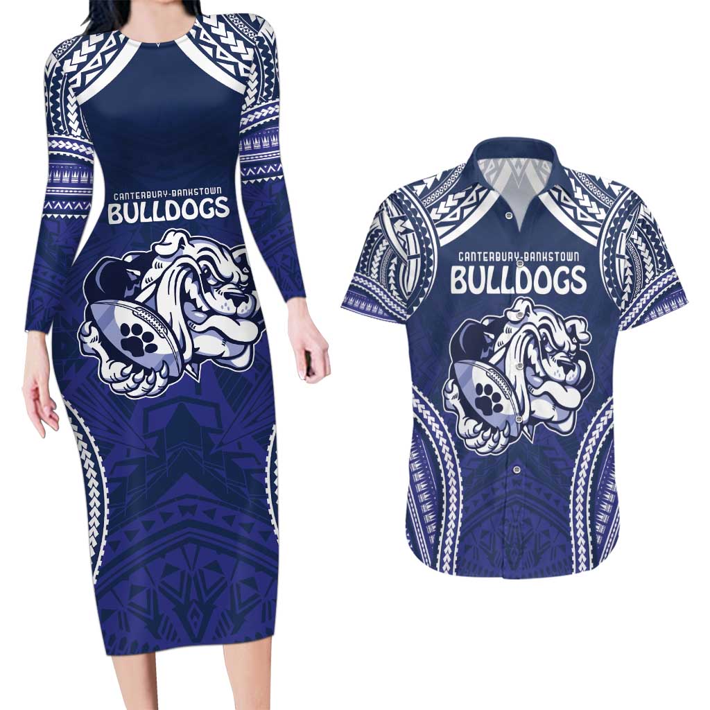 Bulldogs Rugby Custom Couples Matching Long Sleeve Bodycon Dress and Hawaiian Shirt Go Berries With Polynesian Style