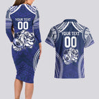 Bulldogs Rugby Custom Couples Matching Long Sleeve Bodycon Dress and Hawaiian Shirt Go Berries With Polynesian Style