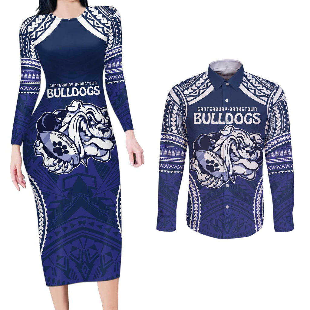 Bulldogs Rugby Custom Couples Matching Long Sleeve Bodycon Dress and Long Sleeve Button Shirt Go Berries With Polynesian Style