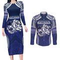 Bulldogs Rugby Custom Couples Matching Long Sleeve Bodycon Dress and Long Sleeve Button Shirt Go Berries With Polynesian Style