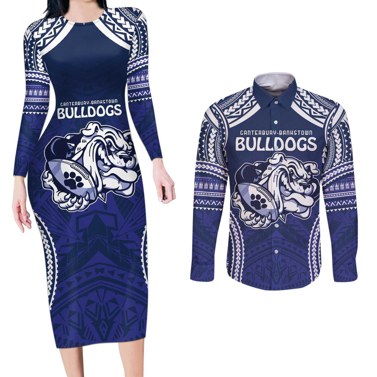 Bulldogs Rugby Custom Couples Matching Long Sleeve Bodycon Dress and Long Sleeve Button Shirt Go Berries With Polynesian Style