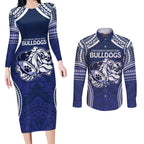 Bulldogs Rugby Custom Couples Matching Long Sleeve Bodycon Dress and Long Sleeve Button Shirt Go Berries With Polynesian Style