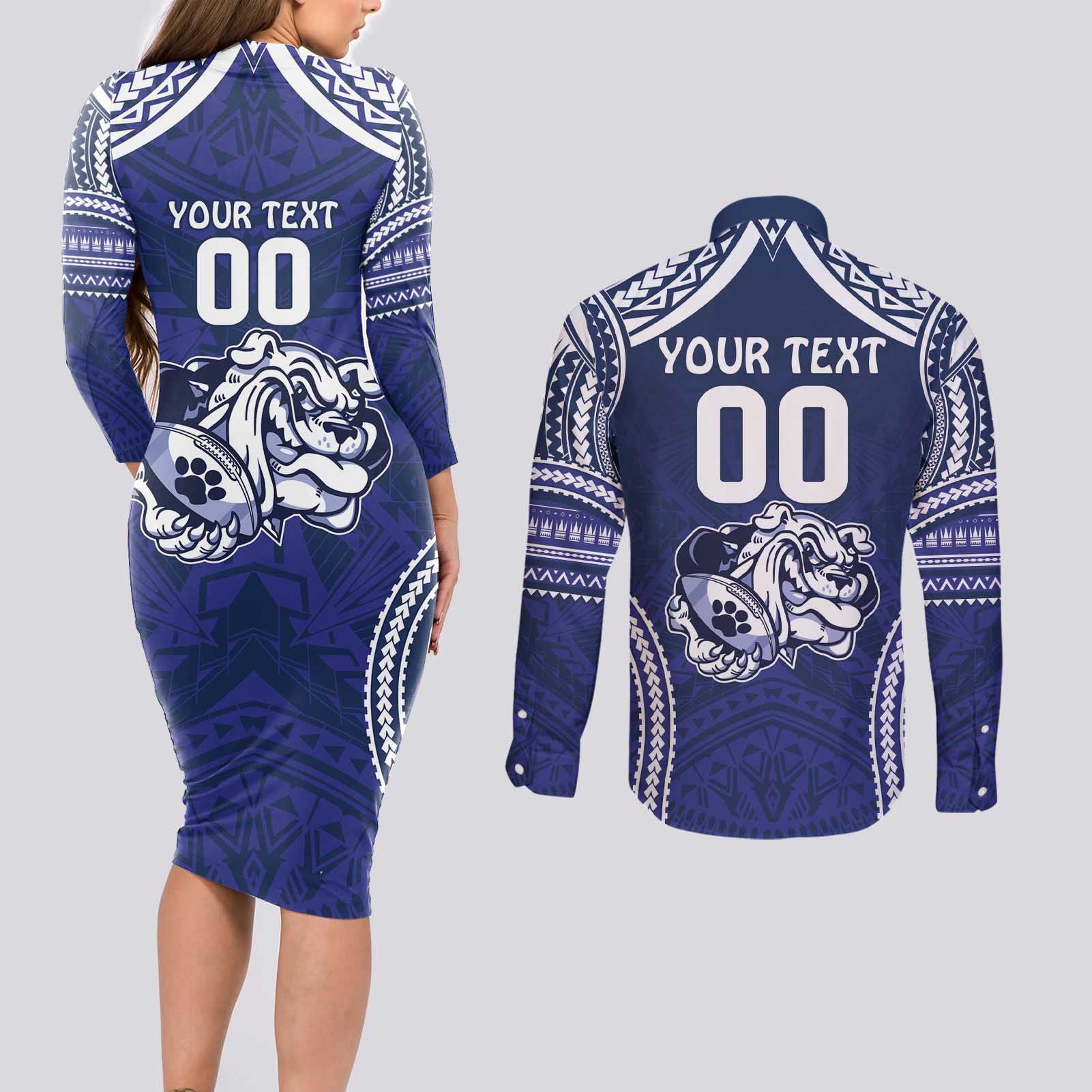 Bulldogs Rugby Custom Couples Matching Long Sleeve Bodycon Dress and Long Sleeve Button Shirt Go Berries With Polynesian Style
