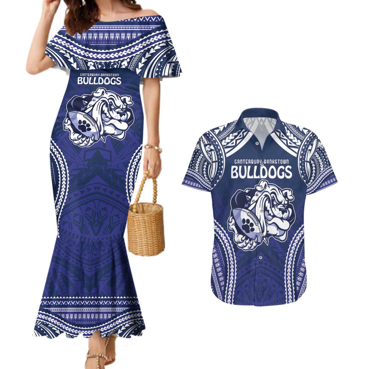 Bulldogs Rugby Custom Couples Matching Mermaid Dress and Hawaiian Shirt Go Berries With Polynesian Style
