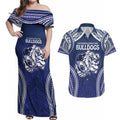 Bulldogs Rugby Custom Couples Matching Off Shoulder Maxi Dress and Hawaiian Shirt Go Berries With Polynesian Style