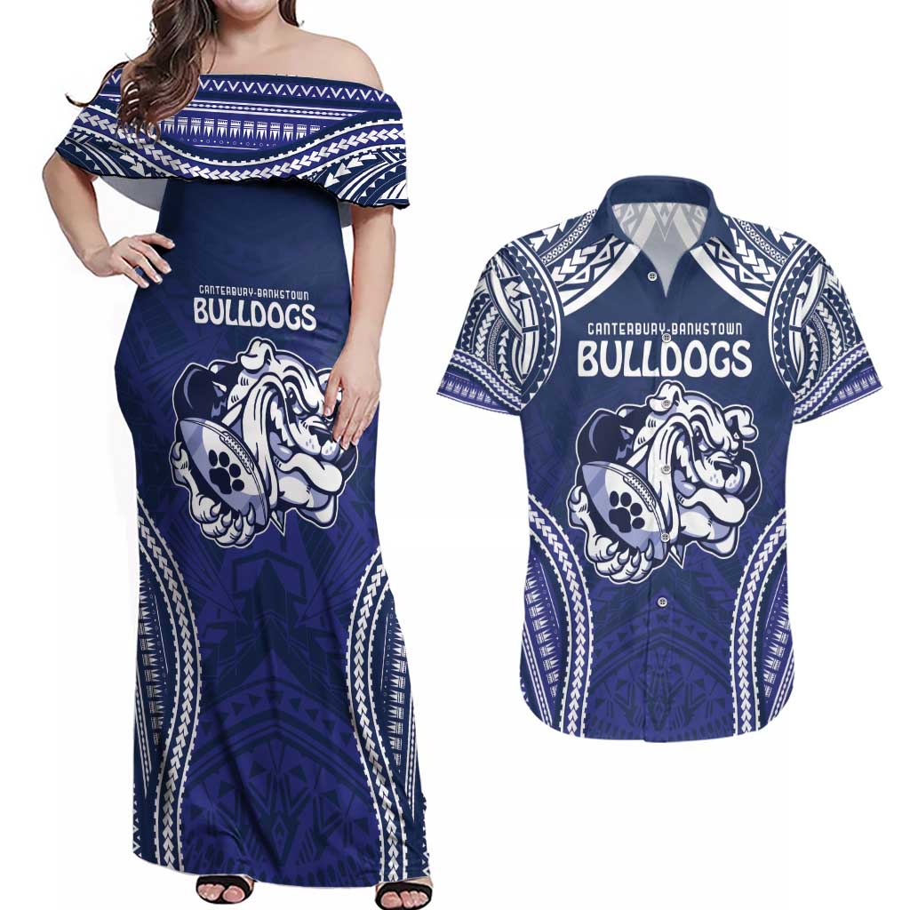 Bulldogs Rugby Custom Couples Matching Off Shoulder Maxi Dress and Hawaiian Shirt Go Berries With Polynesian Style