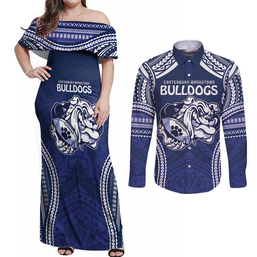Bulldogs Rugby Custom Couples Matching Off Shoulder Maxi Dress and Long Sleeve Button Shirt Go Berries With Polynesian Style