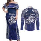 Bulldogs Rugby Custom Couples Matching Off Shoulder Maxi Dress and Long Sleeve Button Shirt Go Berries With Polynesian Style