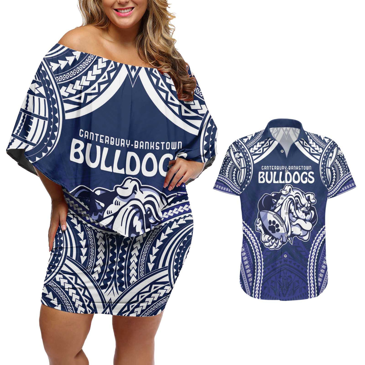 Bulldogs Rugby Custom Couples Matching Off Shoulder Short Dress and Hawaiian Shirt Go Berries With Polynesian Style