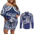 Bulldogs Rugby Custom Couples Matching Off Shoulder Short Dress and Long Sleeve Button Shirt Go Berries With Polynesian Style