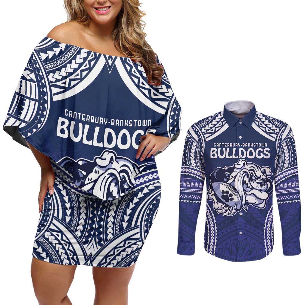 Bulldogs Rugby Custom Couples Matching Off Shoulder Short Dress and Long Sleeve Button Shirt Go Berries With Polynesian Style