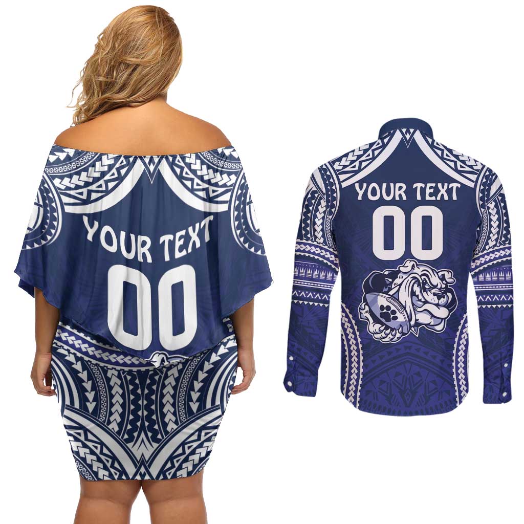 Bulldogs Rugby Custom Couples Matching Off Shoulder Short Dress and Long Sleeve Button Shirt Go Berries With Polynesian Style