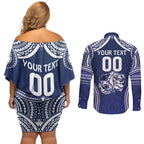 Bulldogs Rugby Custom Couples Matching Off Shoulder Short Dress and Long Sleeve Button Shirt Go Berries With Polynesian Style
