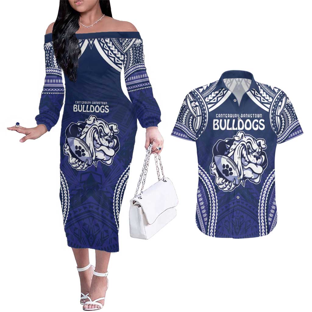 Bulldogs Rugby Custom Couples Matching Off The Shoulder Long Sleeve Dress and Hawaiian Shirt Go Berries With Polynesian Style