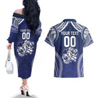 Bulldogs Rugby Custom Couples Matching Off The Shoulder Long Sleeve Dress and Hawaiian Shirt Go Berries With Polynesian Style