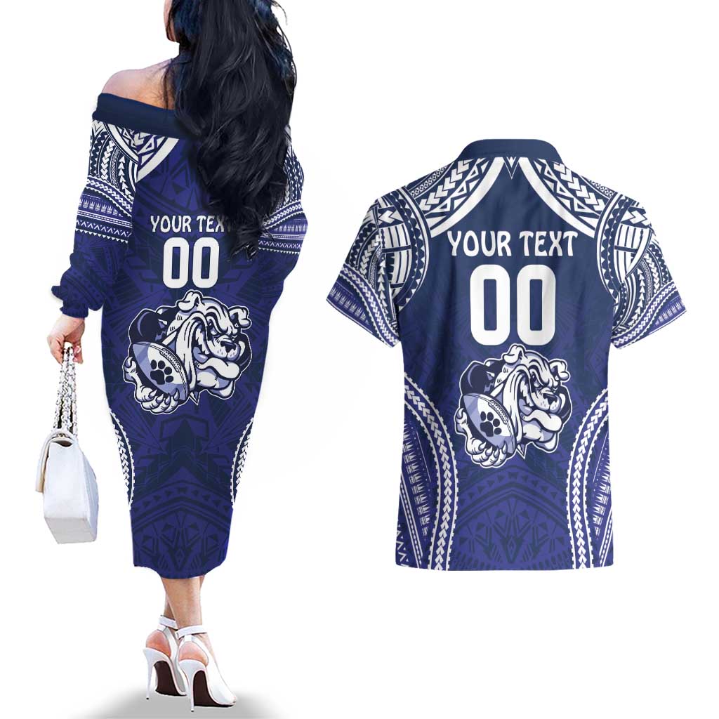 Bulldogs Rugby Custom Couples Matching Off The Shoulder Long Sleeve Dress and Hawaiian Shirt Go Berries With Polynesian Style