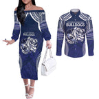 Bulldogs Rugby Custom Couples Matching Off The Shoulder Long Sleeve Dress and Long Sleeve Button Shirt Go Berries With Polynesian Style