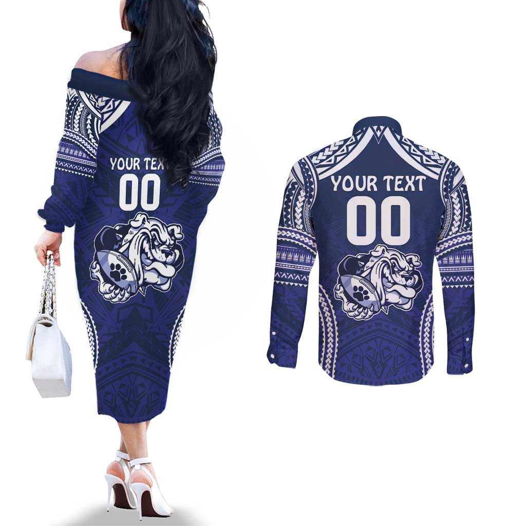 Bulldogs Rugby Custom Couples Matching Off The Shoulder Long Sleeve Dress and Long Sleeve Button Shirt Go Berries With Polynesian Style