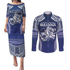 Bulldogs Rugby Custom Couples Matching Puletasi and Long Sleeve Button Shirt Go Berries With Polynesian Style