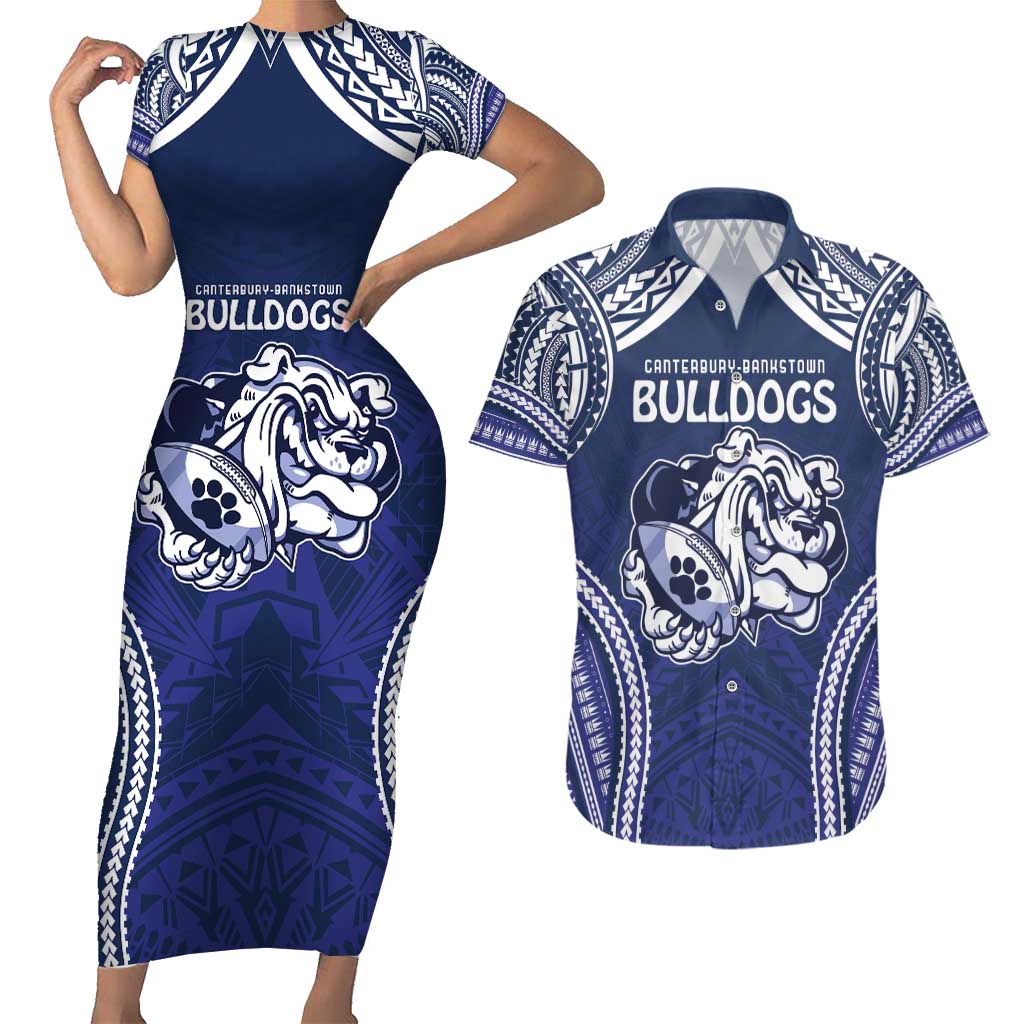 Bulldogs Rugby Custom Couples Matching Short Sleeve Bodycon Dress and Hawaiian Shirt Go Berries With Polynesian Style