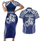 Bulldogs Rugby Custom Couples Matching Short Sleeve Bodycon Dress and Hawaiian Shirt Go Berries With Polynesian Style
