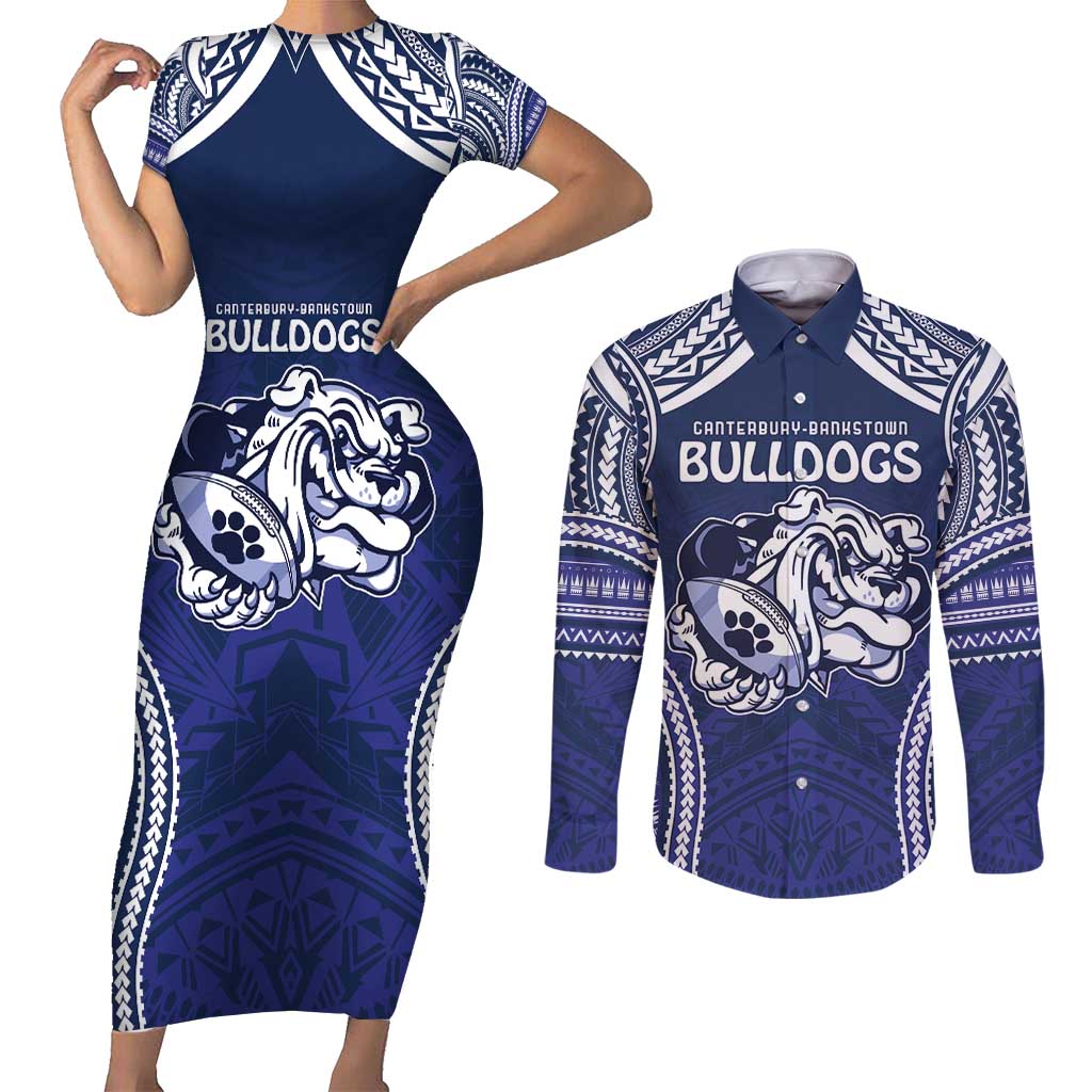 Bulldogs Rugby Custom Couples Matching Short Sleeve Bodycon Dress and Long Sleeve Button Shirt Go Berries With Polynesian Style