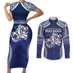 Bulldogs Rugby Custom Couples Matching Short Sleeve Bodycon Dress and Long Sleeve Button Shirt Go Berries With Polynesian Style