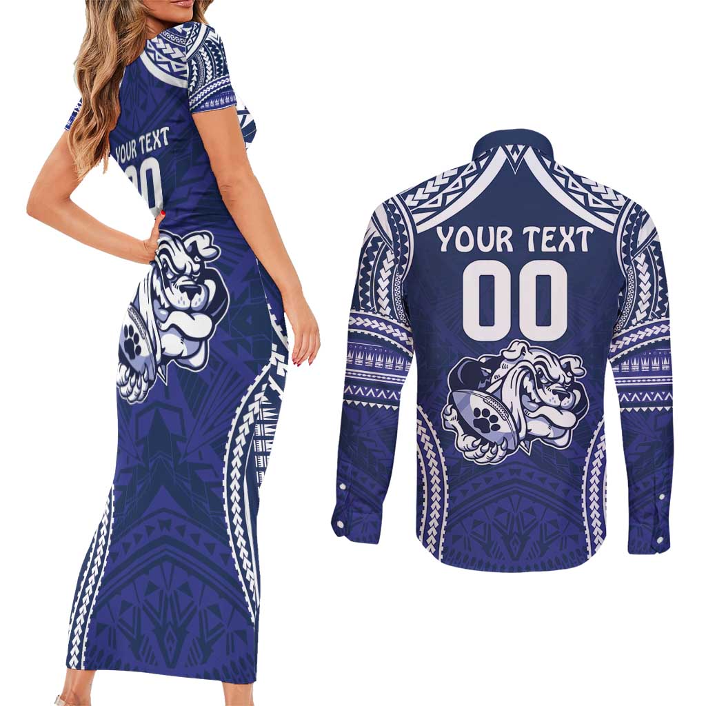 Bulldogs Rugby Custom Couples Matching Short Sleeve Bodycon Dress and Long Sleeve Button Shirt Go Berries With Polynesian Style