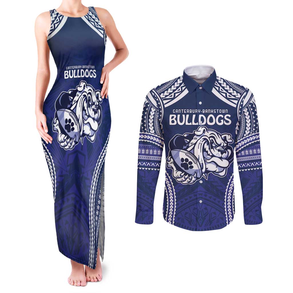 Bulldogs Rugby Custom Couples Matching Tank Maxi Dress and Long Sleeve Button Shirt Go Berries With Polynesian Style