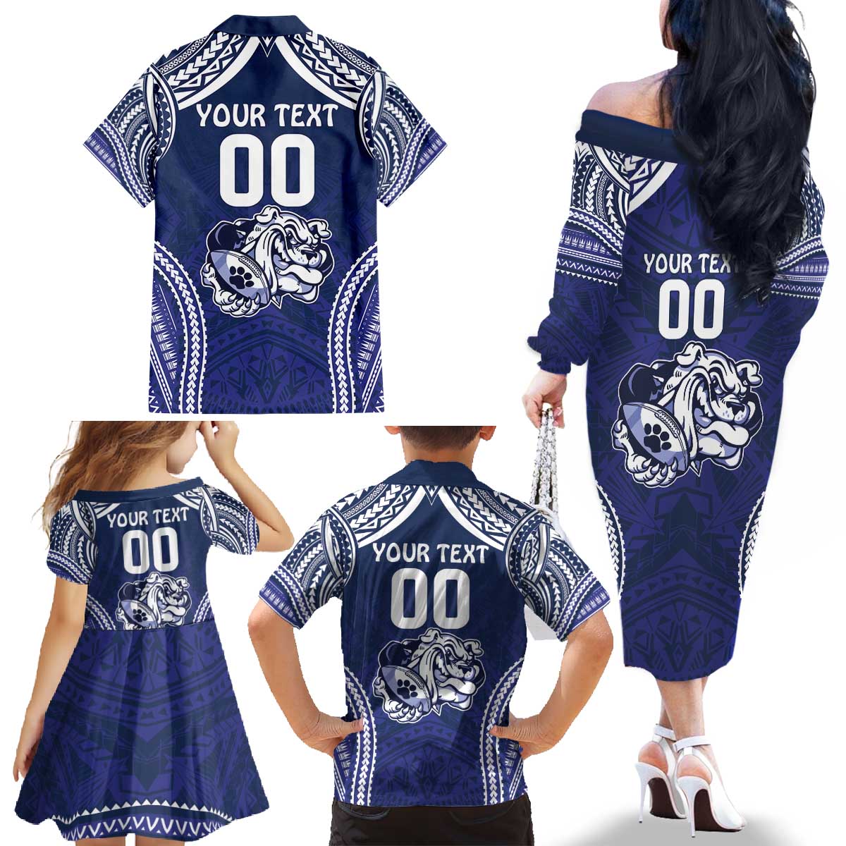Bulldogs Rugby Custom Family Matching Off The Shoulder Long Sleeve Dress and Hawaiian Shirt Go Berries With Polynesian Style