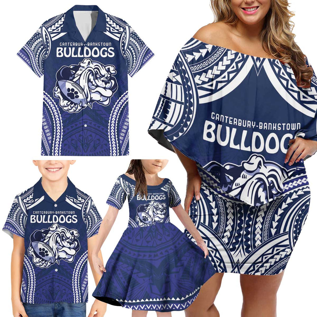 Bulldogs Rugby Custom Family Matching Off Shoulder Short Dress and Hawaiian Shirt Go Berries With Polynesian Style