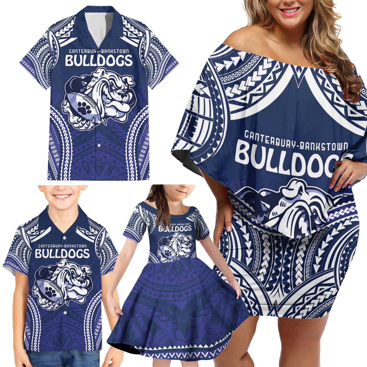 Bulldogs Rugby Custom Family Matching Off Shoulder Short Dress and Hawaiian Shirt Go Berries With Polynesian Style