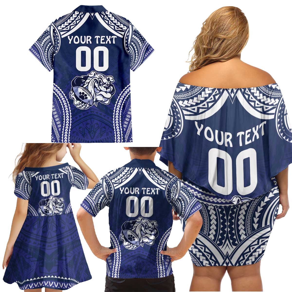 Bulldogs Rugby Custom Family Matching Off Shoulder Short Dress and Hawaiian Shirt Go Berries With Polynesian Style