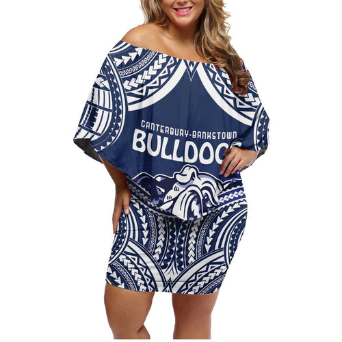 Bulldogs Rugby Custom Family Matching Off Shoulder Short Dress and Hawaiian Shirt Go Berries With Polynesian Style