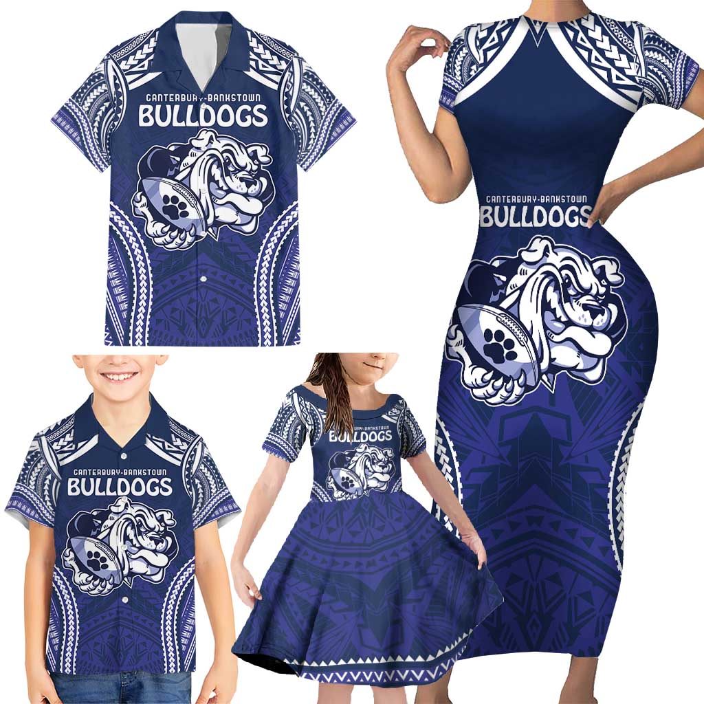 Bulldogs Rugby Custom Family Matching Short Sleeve Bodycon Dress and Hawaiian Shirt Go Berries With Polynesian Style