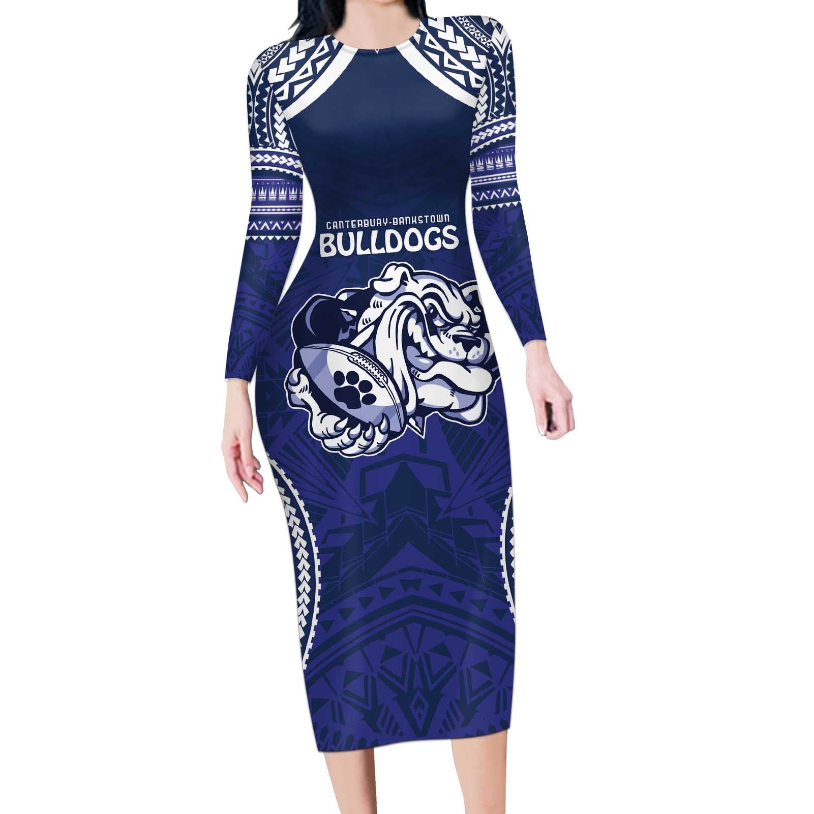 Bulldogs Rugby Custom Long Sleeve Bodycon Dress Go Berries With Polynesian Style