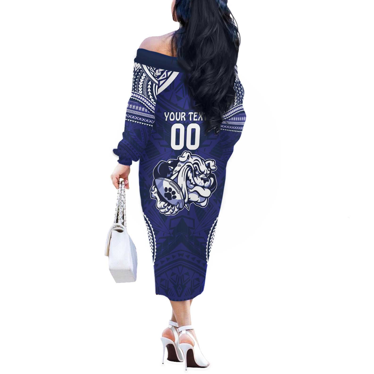 Bulldogs Rugby Custom Off The Shoulder Long Sleeve Dress Go Berries With Polynesian Style