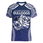 Bulldogs Rugby Custom Women V-Neck T-Shirt Go Berries With Polynesian Style