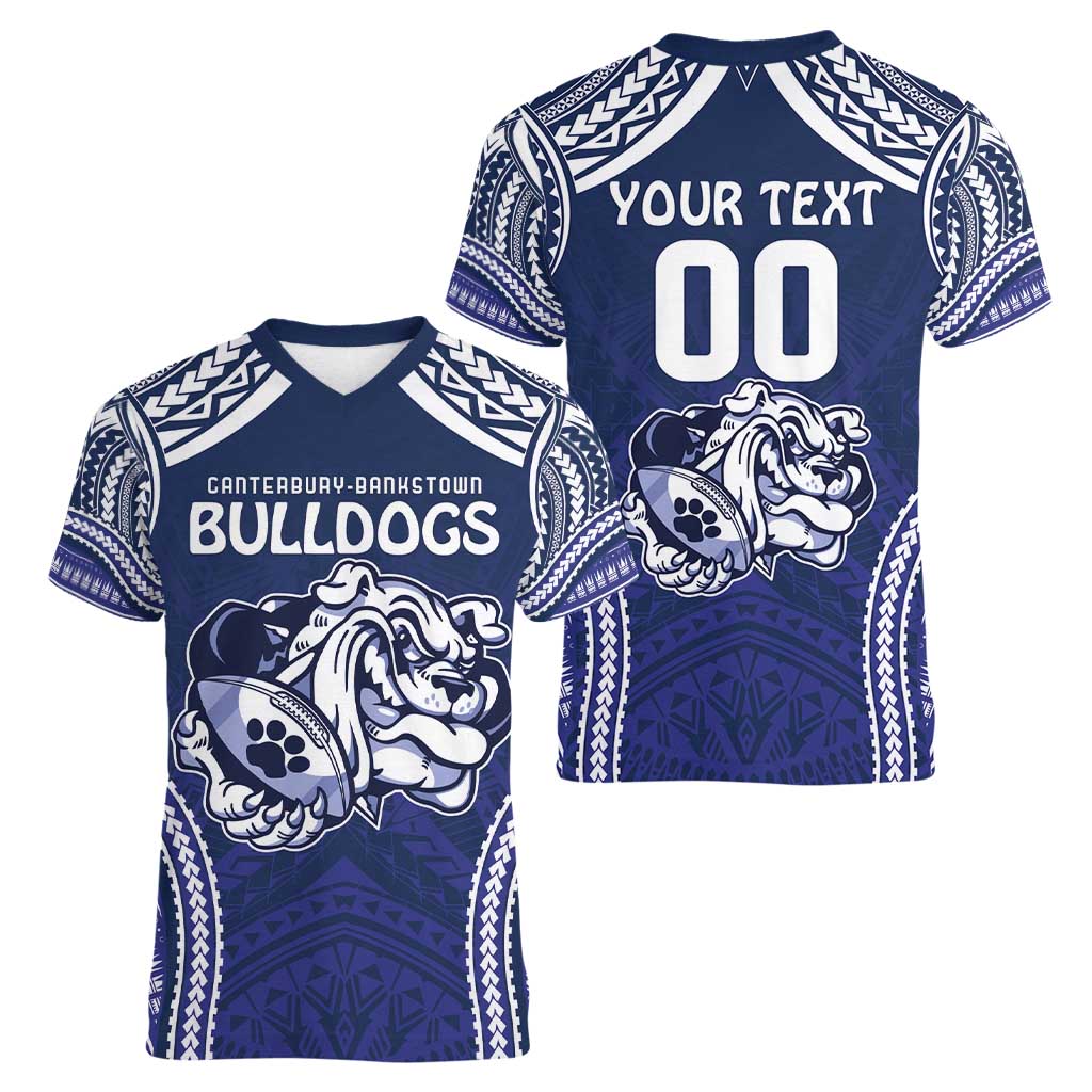 Bulldogs Rugby Custom Women V-Neck T-Shirt Go Berries With Polynesian Style