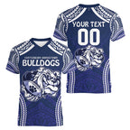 Bulldogs Rugby Custom Women V-Neck T-Shirt Go Berries With Polynesian Style