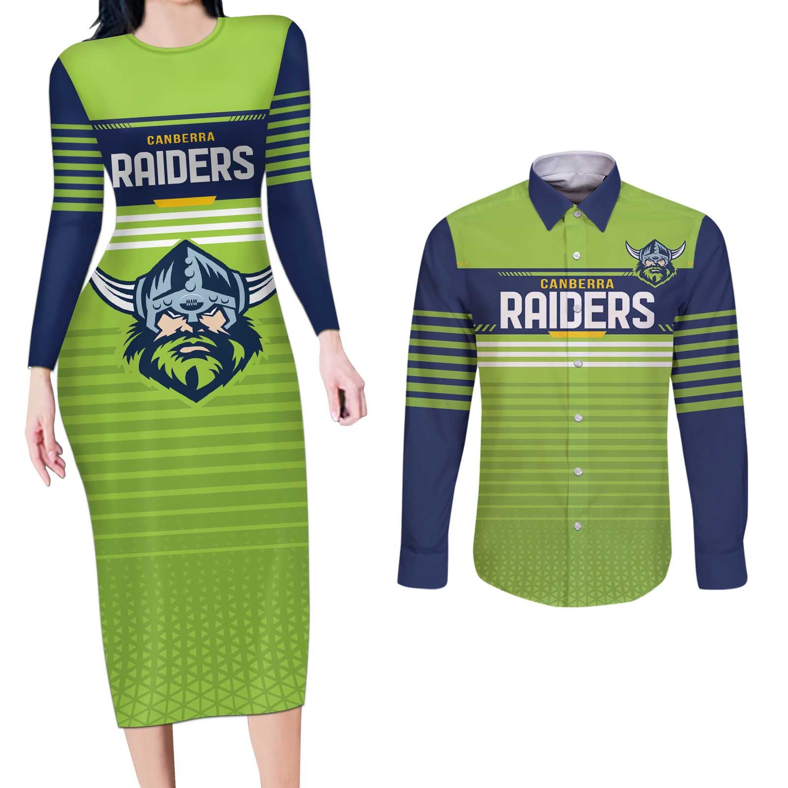 Raiders Rugby Custom Couples Matching Long Sleeve Bodycon Dress and Long Sleeve Button Shirt The Green Machine Simple Style