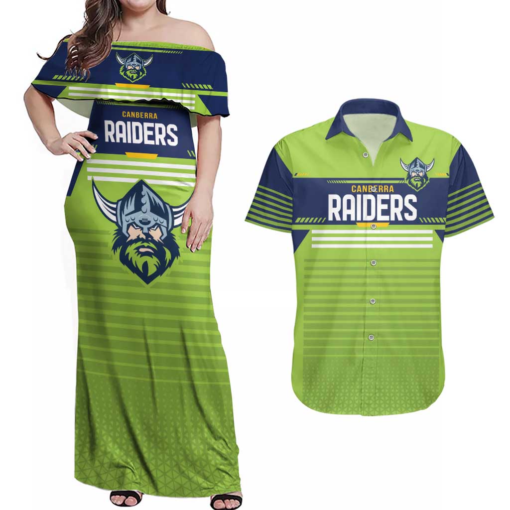 Raiders Rugby Custom Couples Matching Off Shoulder Maxi Dress and Hawaiian Shirt The Green Machine Simple Style