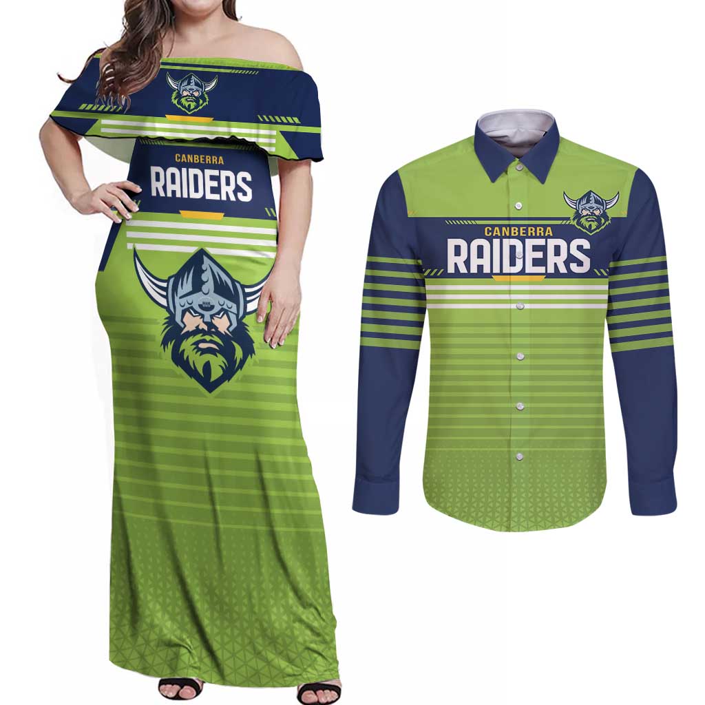Raiders Rugby Custom Couples Matching Off Shoulder Maxi Dress and Long Sleeve Button Shirt The Green Machine Simple Style