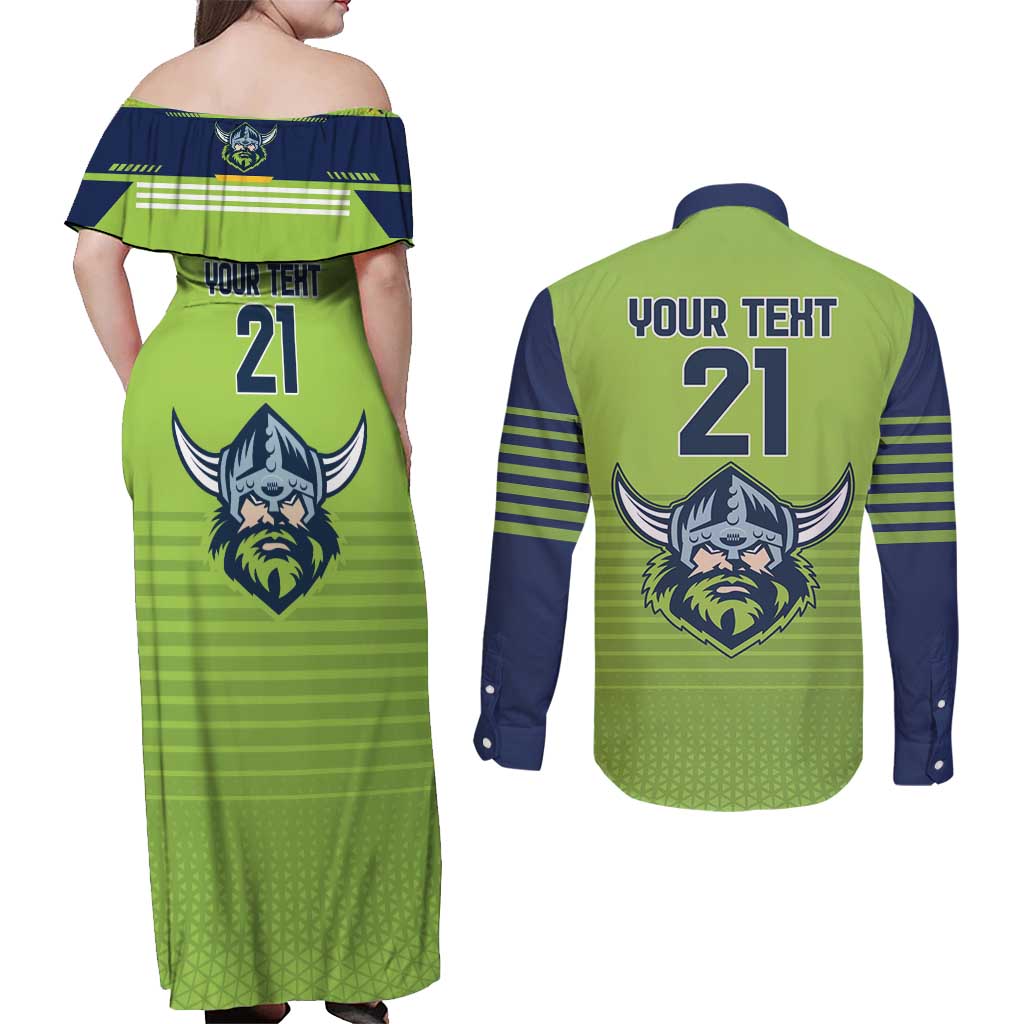 Raiders Rugby Custom Couples Matching Off Shoulder Maxi Dress and Long Sleeve Button Shirt The Green Machine Simple Style