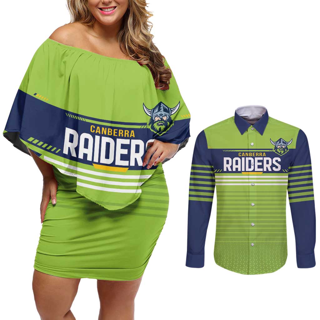 Raiders Rugby Custom Couples Matching Off Shoulder Short Dress and Long Sleeve Button Shirt The Green Machine Simple Style