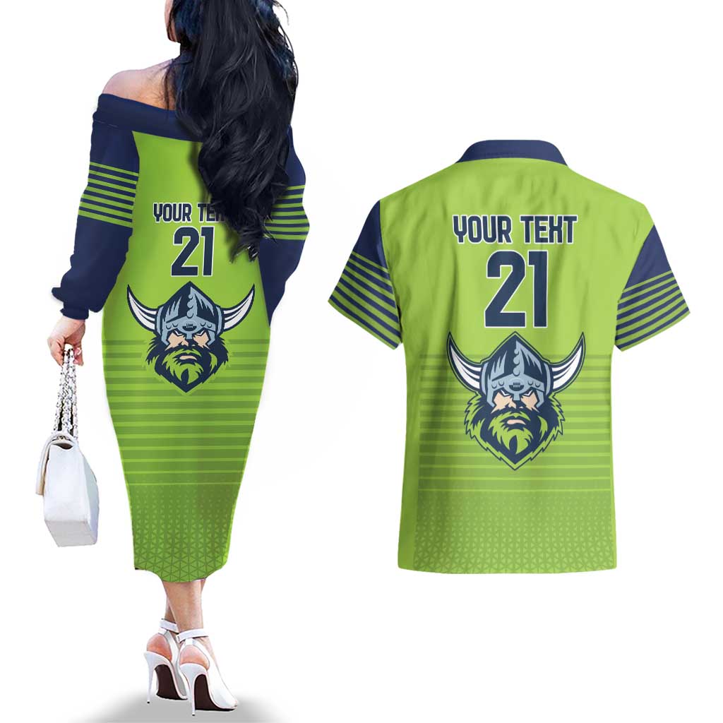 Raiders Rugby Custom Couples Matching Off The Shoulder Long Sleeve Dress and Hawaiian Shirt The Green Machine Simple Style