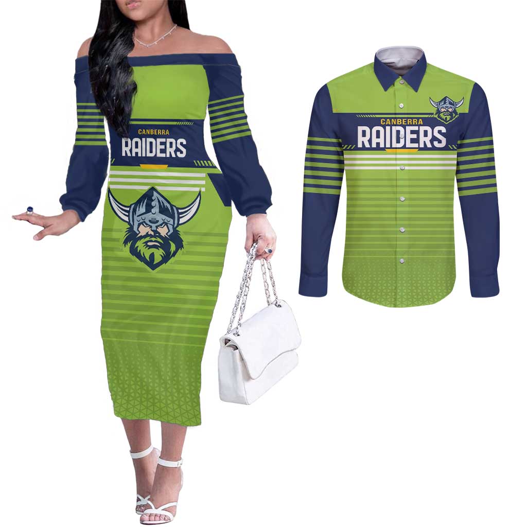 Raiders Rugby Custom Couples Matching Off The Shoulder Long Sleeve Dress and Long Sleeve Button Shirt The Green Machine Simple Style