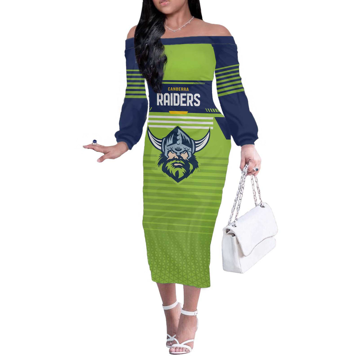 Raiders Rugby Custom Off The Shoulder Long Sleeve Dress The Green Machine Simple Style